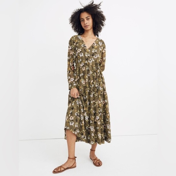 Madewell Flowy Green Floral Cinch-Waist Tiered Midi Dress in Wildblooms Size XS - Picture 1 of 16